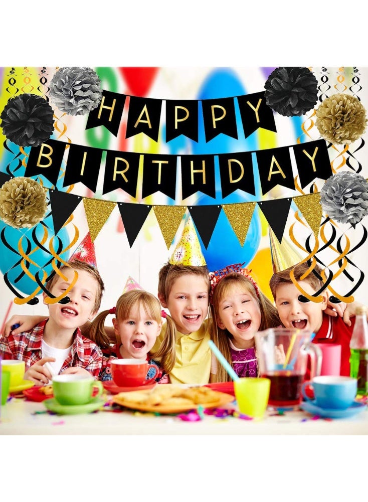 Mordely Black Happy Birthday Banner with Black Gold Paper Flag Bunting Paper Swirl Streamers Pom Poms for Decorations - Image 5